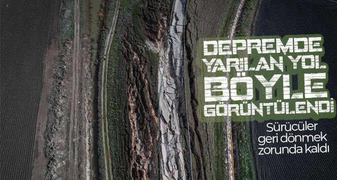 Pazarcık'ta depremde yarılan yol böyle görüntülendi