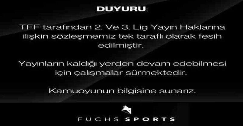 TFF, Fuchs Sports ile olan 2. ve 3. Lig yayın haklarına ilişkin sözleşmeyi feshetti