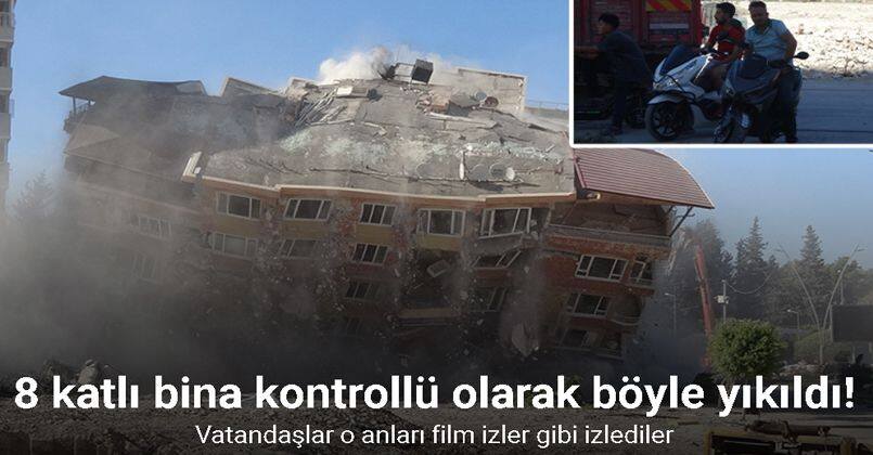 Meraklı vatandaşların araçlarını durdurup izlediği 8 katlı binanın yıkım anı kamerada