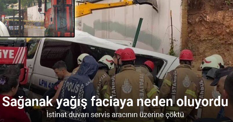 Pendik’te istinat duvarı servis aracının üzerine çöktü