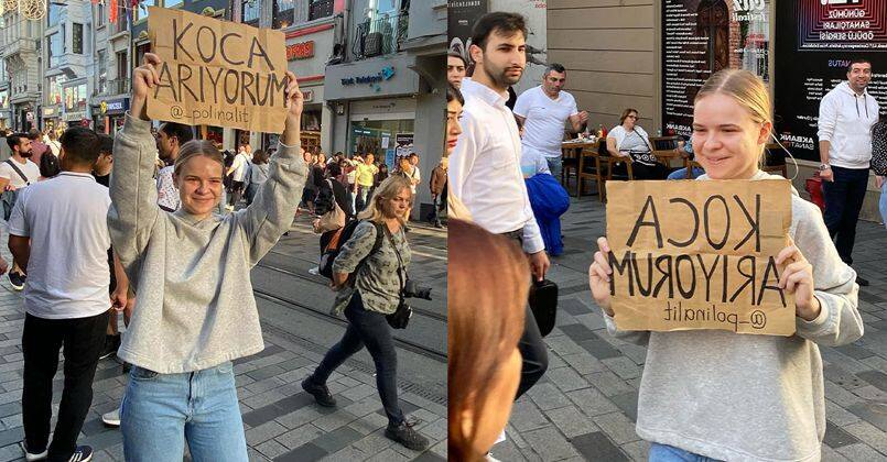 Taksim'de ilginç olay: Belaruslu genç kadın “Koca arıyorum” dövizi açtı