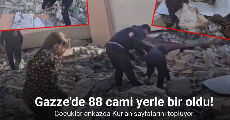 Gazze’de çocuklar cami enkazından Kur’an sayfalarını topluyor