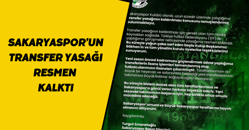 Sakaryaspor’un transfer yasağı resmen kalktı