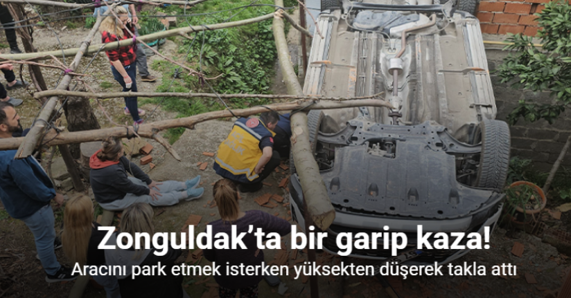 Aracını park etmek isterken yüksekten düşerek takla attı