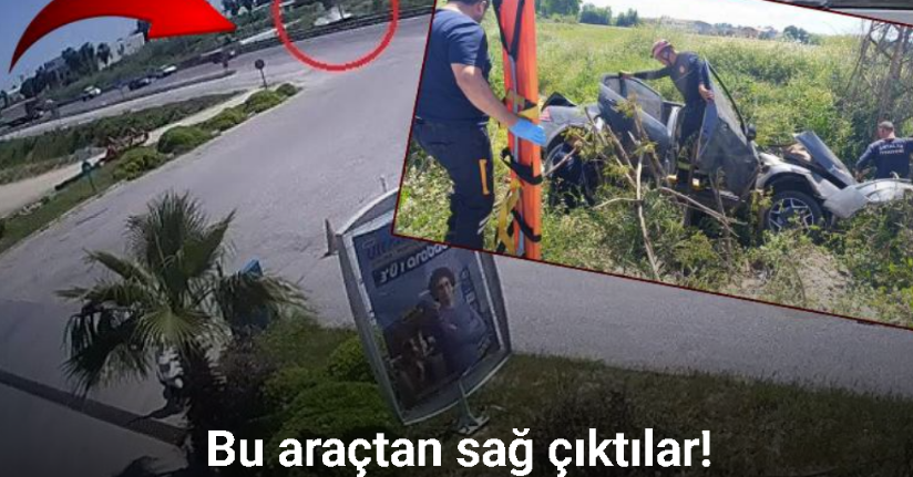 Bariyerlere çarpıp kanala devrildi, ters dönen araçtan sağ kurtuldular