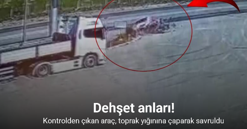 Kontrolden çıkan araç, toprak yığınına çaparak savruldu