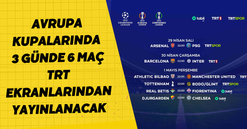 Avrupa kupalarında 3 günde 6 maç TRT ekranlarından yayınlanacak
