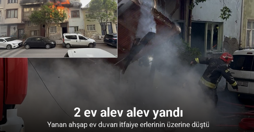 Kocaeli’de 2 ev alev alev yandı: Yanan ahşap ev duvarı 2 itfaiye erinin üzerine düştü