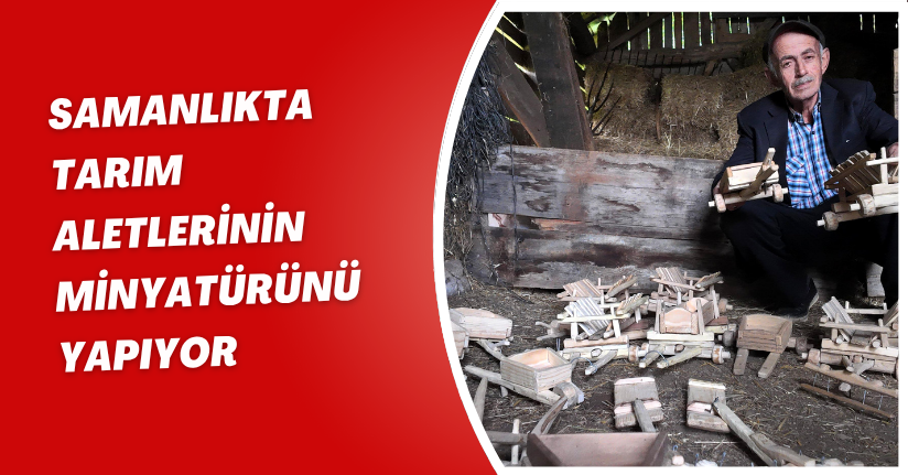 Samanlıkta tarım aletlerinin minyatürünü yapıyor