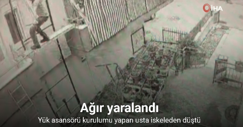 Yük asansörü kurulumu yapan ustanın iskeleden düşme anı kamerada
