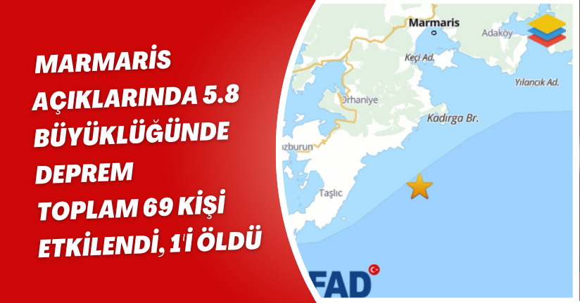 Marmaris açıklarında 5.8 büyüklüğünde deprem; toplam 69 kişi etkilendi, 1'i öldü