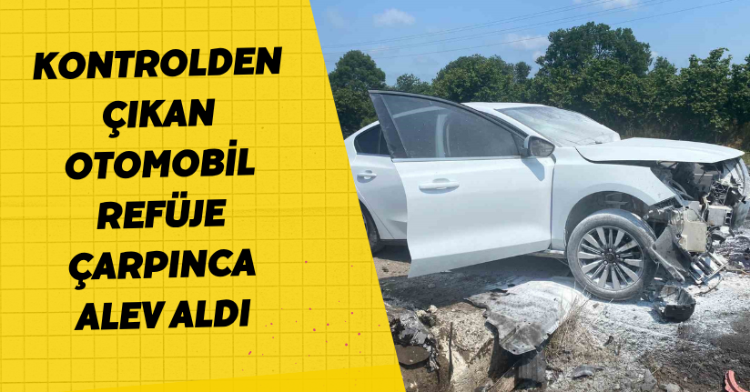 Kontrolden çıkan otomobil refüje çarpınca alev aldı