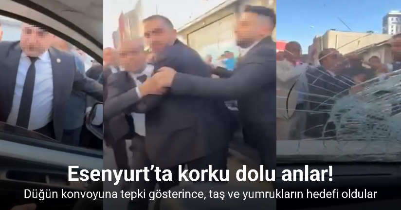 Esenyurt’ta yolu kapatan düğün konvoyuna tepki gösterince, taş ve yumrukların hedefi oldular