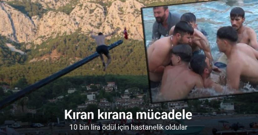 10 bin lira ödül için yağlı direğe tırmanan yarışmacılar hastanelik oldu