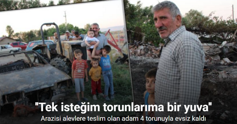 Ev, traktör ve otomobili yanan çift 4 torunuyla yuvasız kaldı