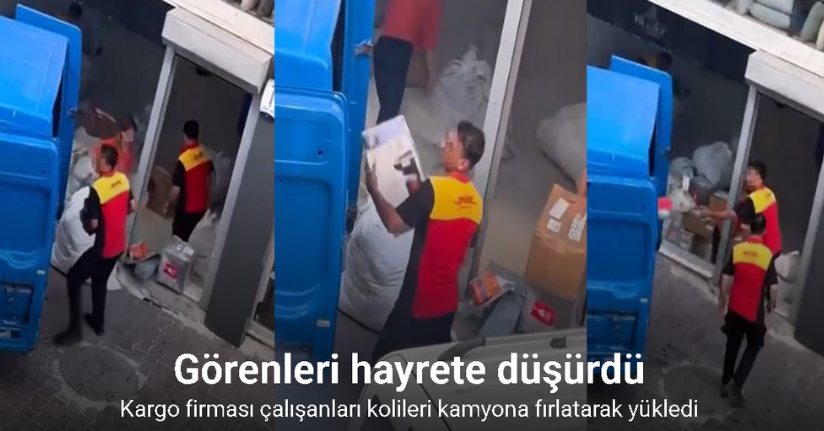 Kargo firması çalışanları kolileri kamyona fırlatarak yükledi