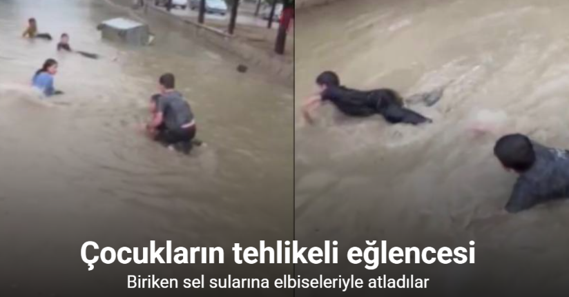 Ankara’da biriken sel sularında yüzen çocukların tehlikeli eğlencesi kamerada