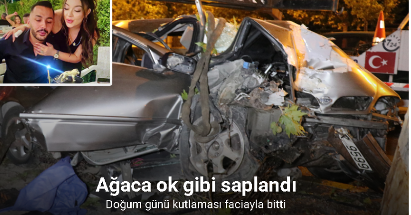 Doğum günü partisinden dönen nişanlı çift ağaca saplanan otomobilde can verdi
