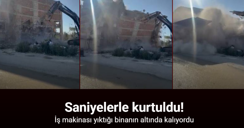 İş makinası, üzerine doğru yıkılan 6 katlı binanın altında kalmaktan saniyelerle kurtuldu
