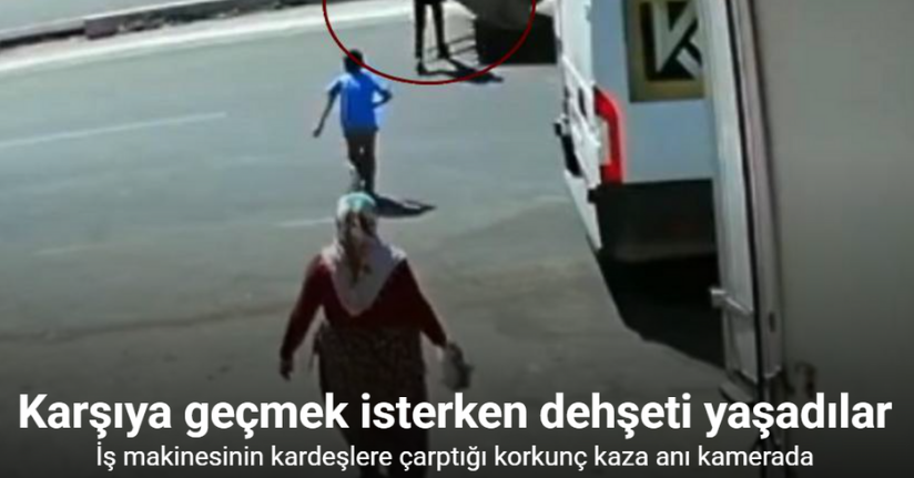 İş makinesinin kardeşlere çarptığı kaza anı güvenlik kamerasında