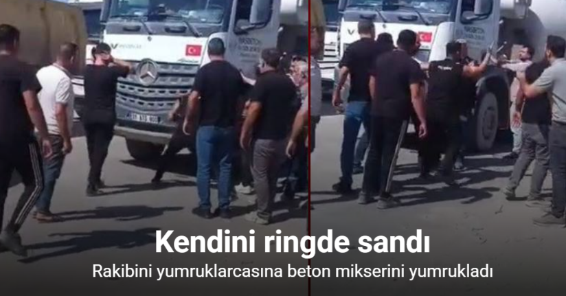 Yol verme tartışmasında sinirlenen vatandaş, kendini ringde hissedercesine kamyonu yumrukladı