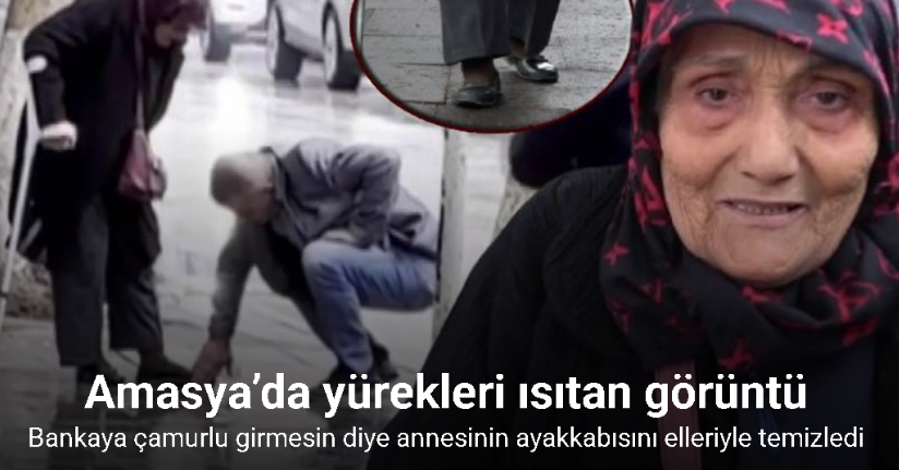 Hayırlı evlat: Bankaya çamurlu girmesin diye annesinin ayakkabısını elleriyle temizledi