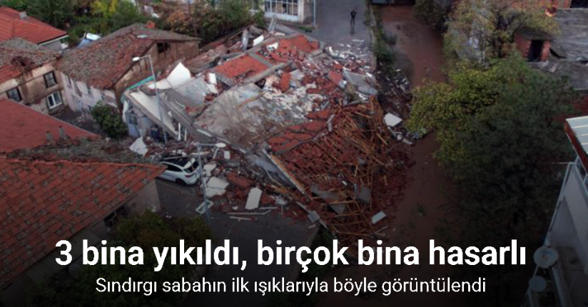 Sındırgı depreminde çöken binalar sabahın ilk ışıklarıyla böyle görüntülendi