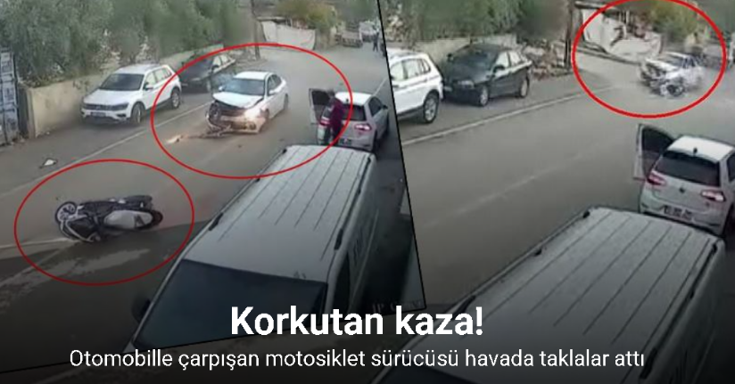 Otomobille çarpışan motosiklet sürücüsünün havada taklalar attığı anlar kamerada