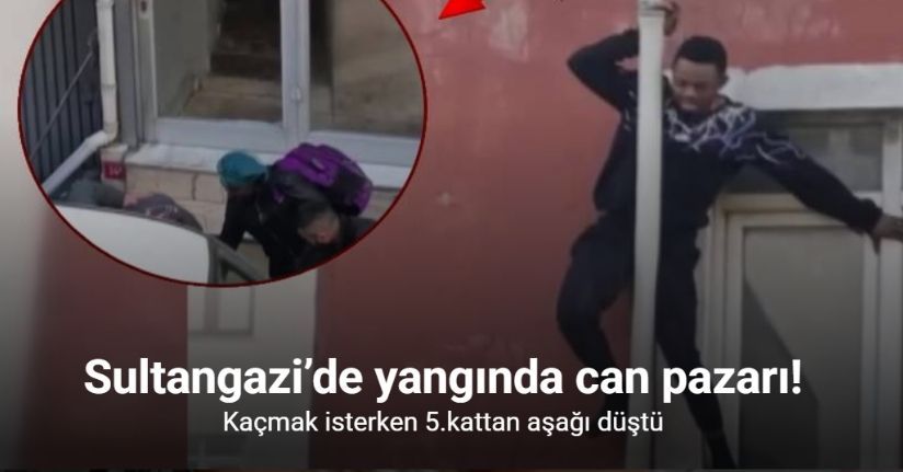 Sultangazi’de yangından kurtulmak için borulara tutunan adamın düştüğü anlar kamerada