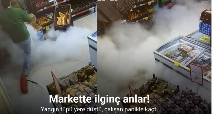 Markette ilginç anlar: Yangın tüpü yere düştü, çalışan panikle kaçtı