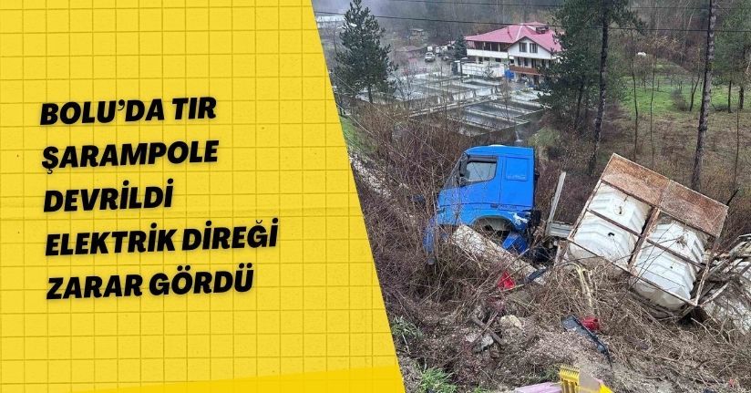 Bolu’da tır şarampole devrildi, elektrik direği zarar gördü