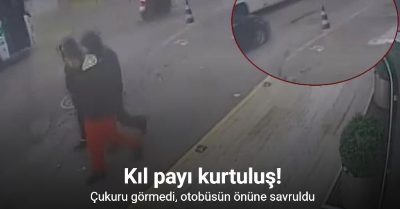 Çukura düşen motosikletli, otobüsün altında kalmaktan son anda kurtuldu