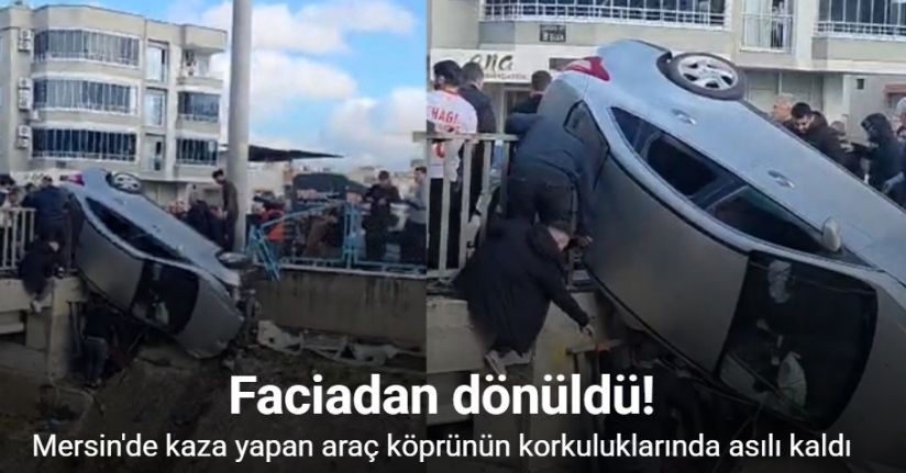Kaza yapan araç köprünün korkuluklarında asılı kaldı, facia ucuz atlatıldı