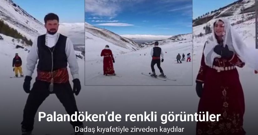 Palandöken’de renkli görüntüler: Pistler geceleri rengarenk oldu, Dadaş kıyafetiyle zirveden kaydılar