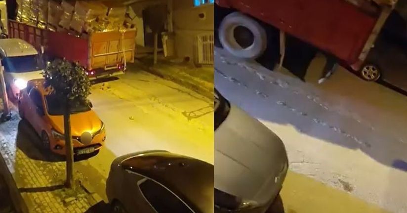Aşırı yüklü kamyon kayarak iki aracı biçti; o anlar kamerada