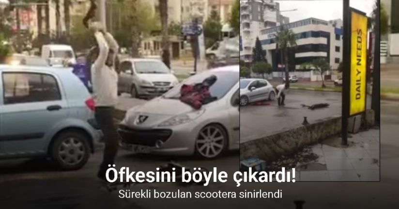 Sürekli bozulan scootera sinirlendi, öfkesini taşla parçalayarak çıkardı