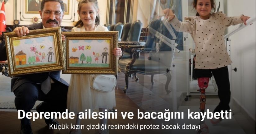 Depremde ailesini ve bacağını kaybeden küçük kızın çizdiği resimdeki protez bacak detayı duygulandırdı
