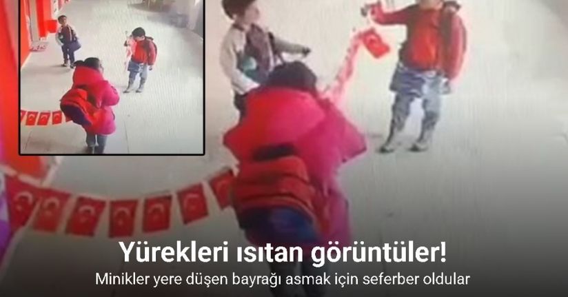 Erzurum’dan yürekleri ısıtan görüntüler: Minikler yere düşen bayrağı asmak için seferber oldular