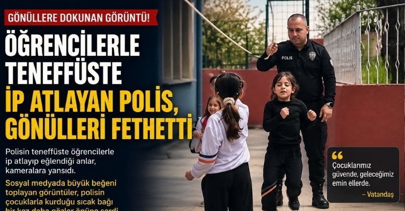 Öğrencilerle teneffüste ip atlayan polis, gönülleri fethetti