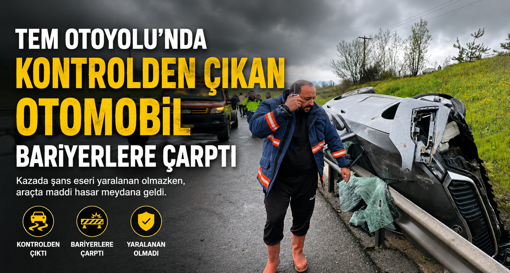 TEM Otoyolu’nda kontrolden çıkan otomobil bariyerlere çarptı