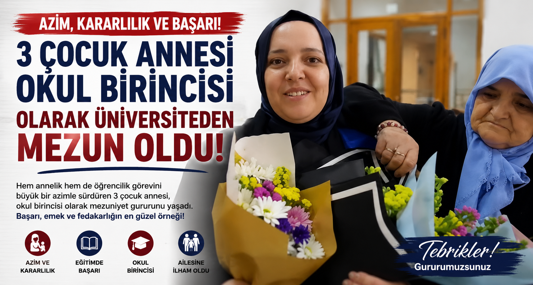 3 çocuk annesi okul birincisi olarak üniversiteden mezun oldu
