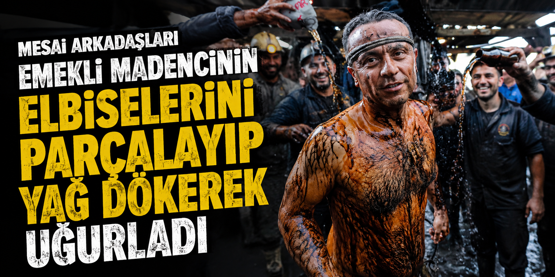Mesai arkadaşları, emekli olan madencinin elbiselerini parçalayıp yağ dökerek uğurladı