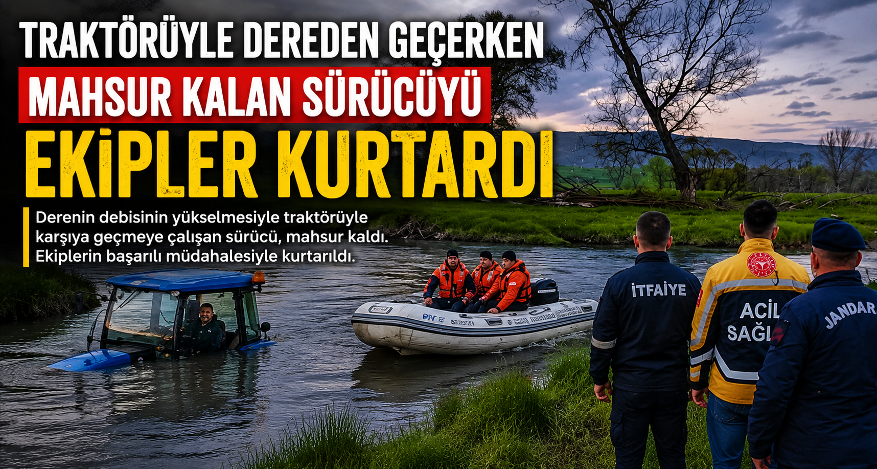 Traktörüyle dereden geçerken mahsur kalan sürücüyü ekipler kurtardı