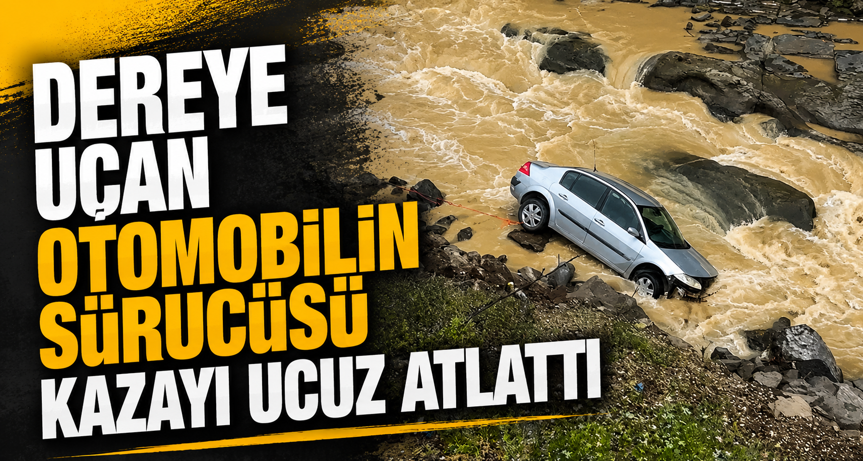 Dereye Uçan Otomobilin Sürücüsü Kazayı Ucuz Atlattı