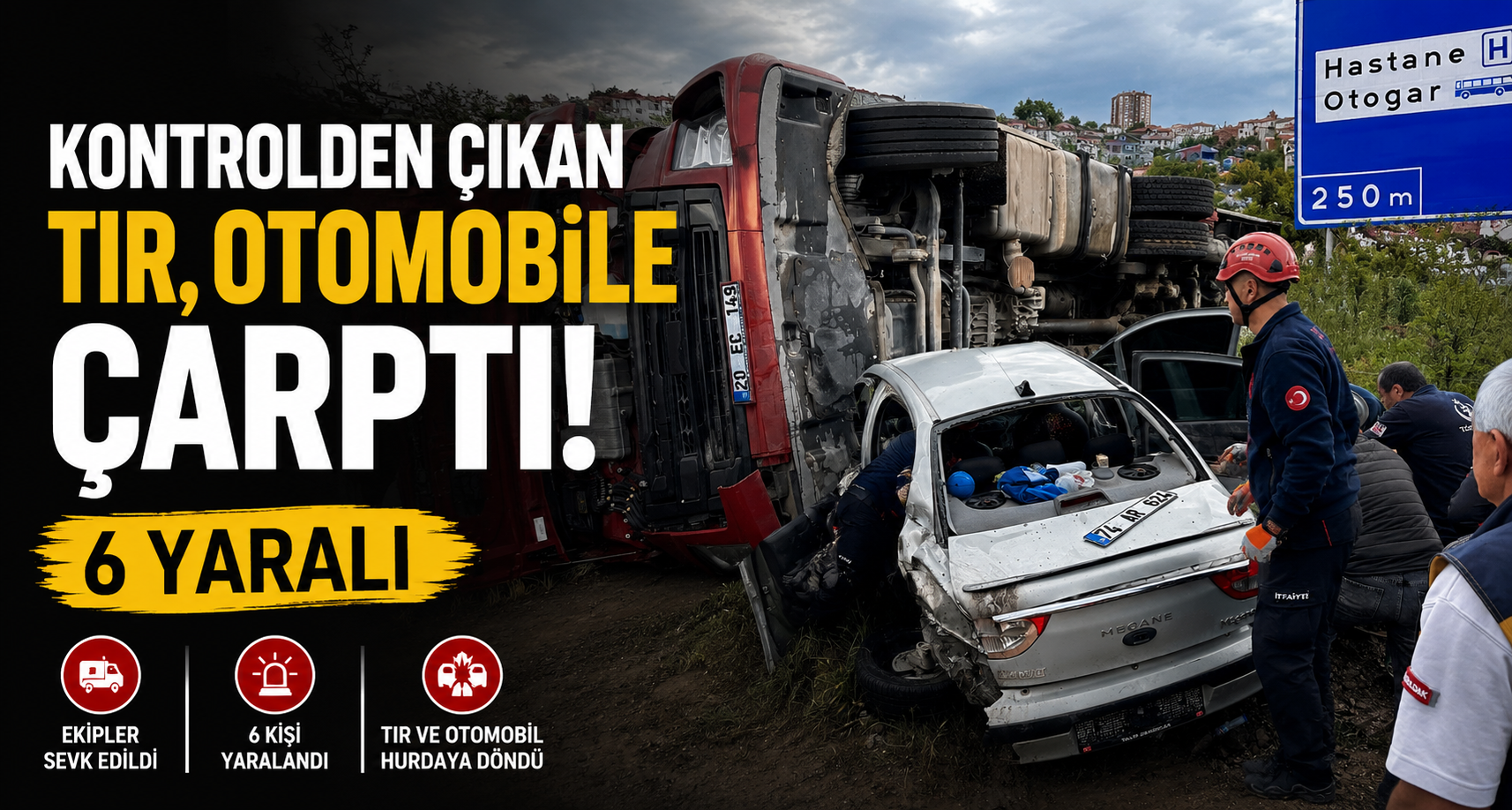 Kontrolden çıkan TIR, otomobile çarptı 6 yaralı
