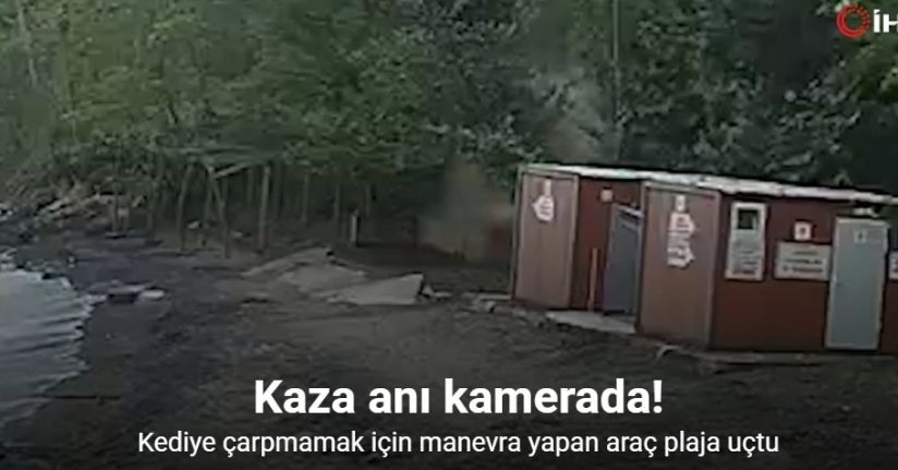Kediye çarpmamak için manevra yapan aracın plaja uçtuğu kaza kamerada