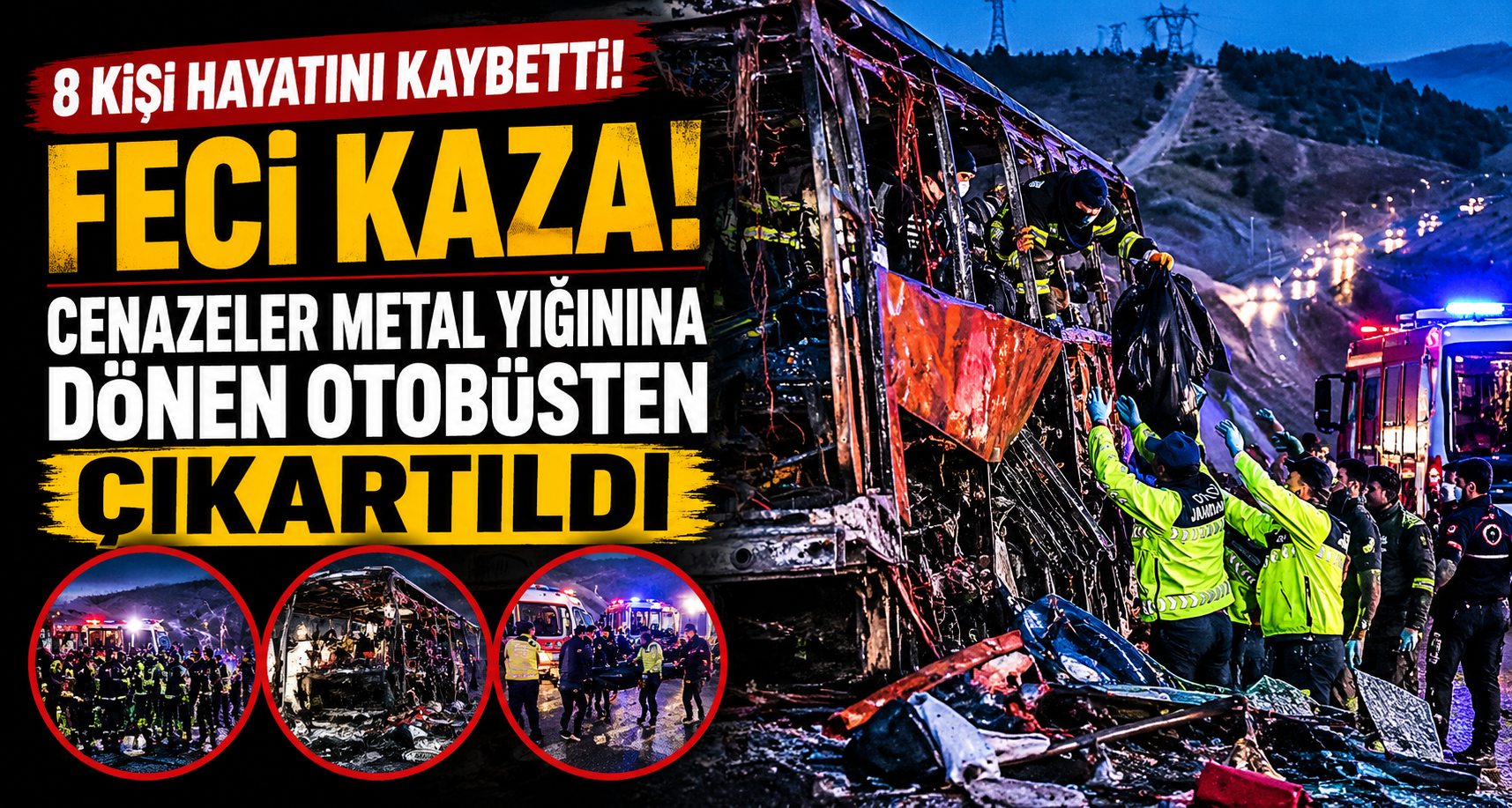 8 kişinin yaşamını yitirdiği kazada cenazeler metal yığınına dönen otobüsten çıkartıldı