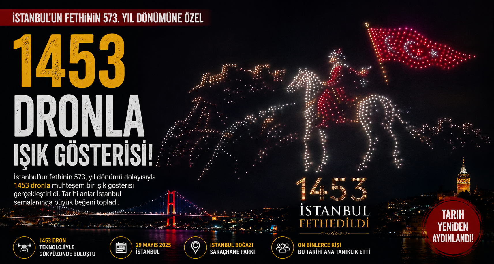 İstanbul’un fethinin 573. yıl dönümüne özel 1453 dronla ışık gösterisi