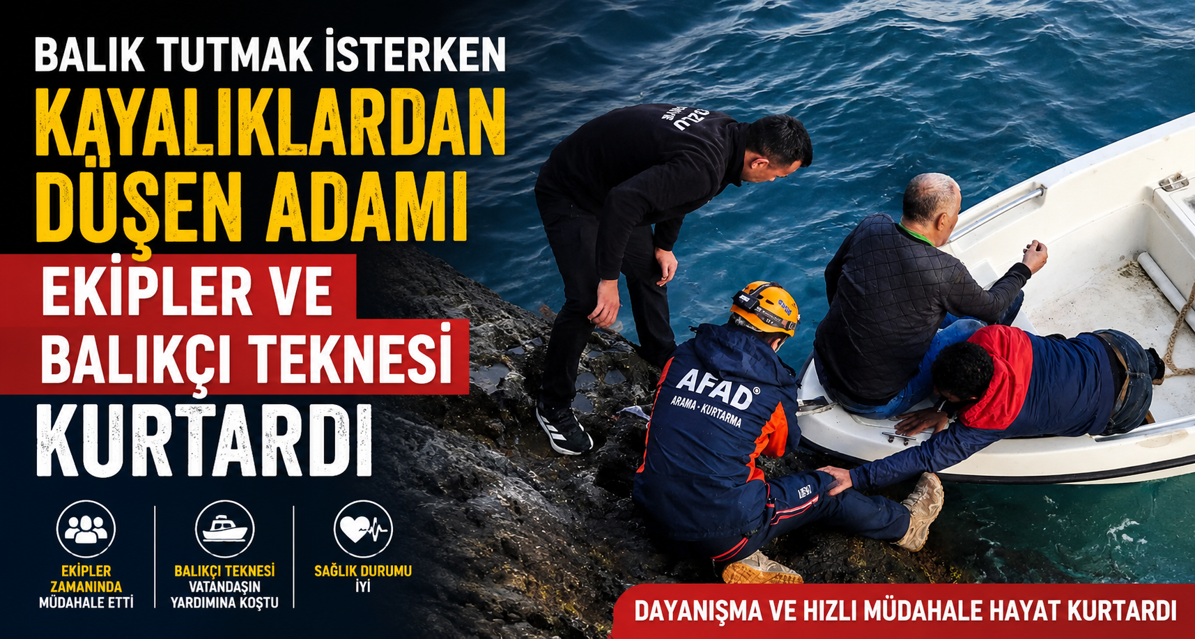 Balık tutmak isterken kayalıklardan düşen adamı ekipler ve balıkçı teknesi kurtardı