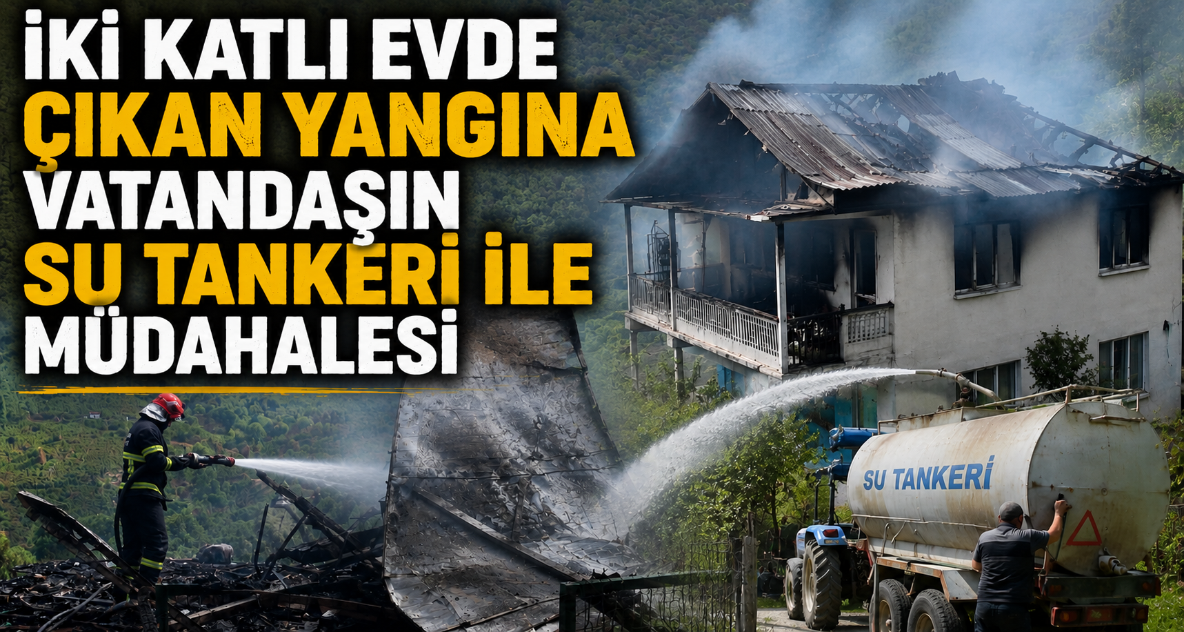 İki Katlı Evde Çıkan Yangına Vatandaşın Su Tankeri İle Müdahalesi